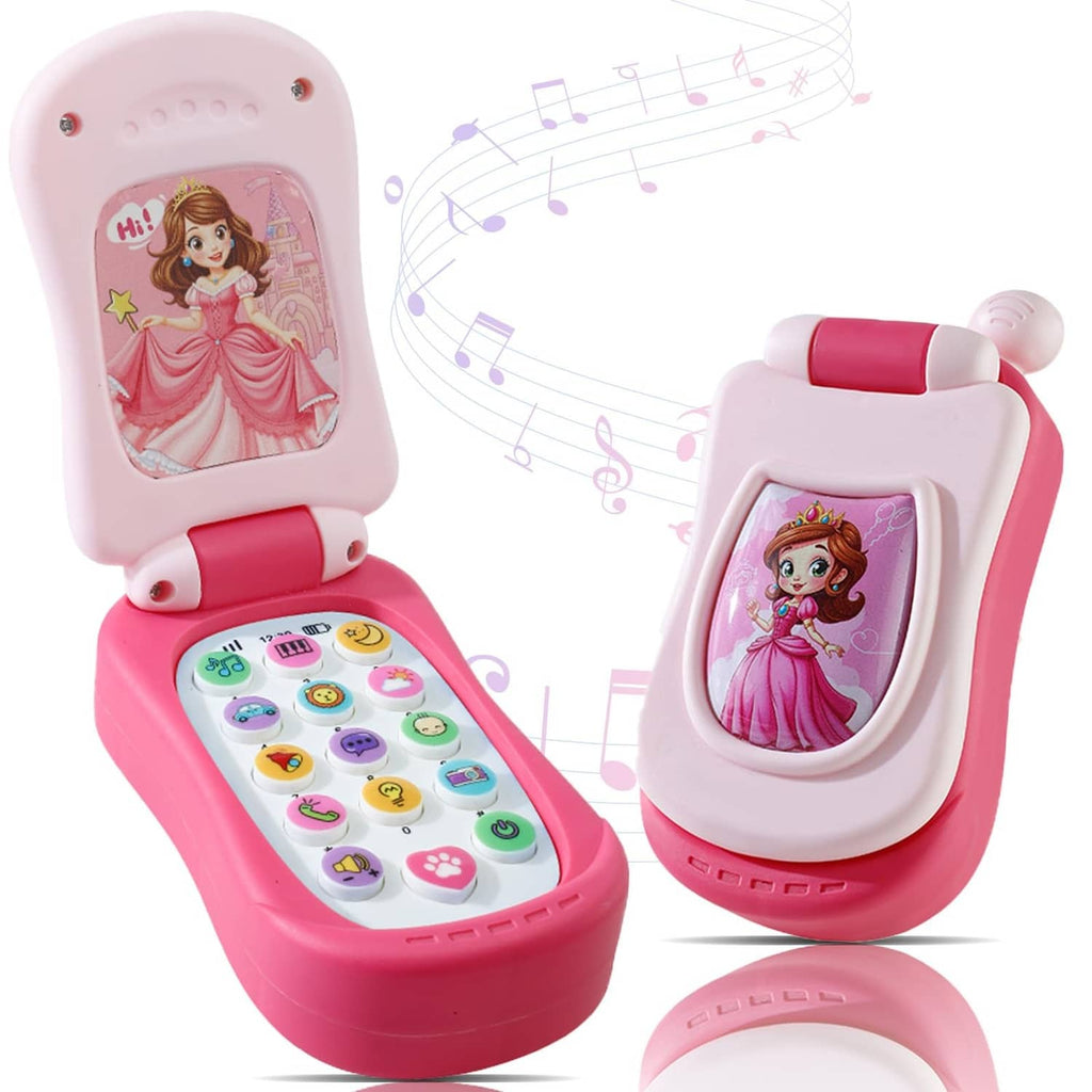 Pink and white child cell phone toy with open keypad and character screen