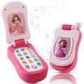 Pink and white child cell phone toy with open keypad and character screen
