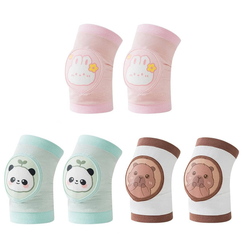 Baby knee pads set featuring pink, mint blue, and brown sleeves with animal faces