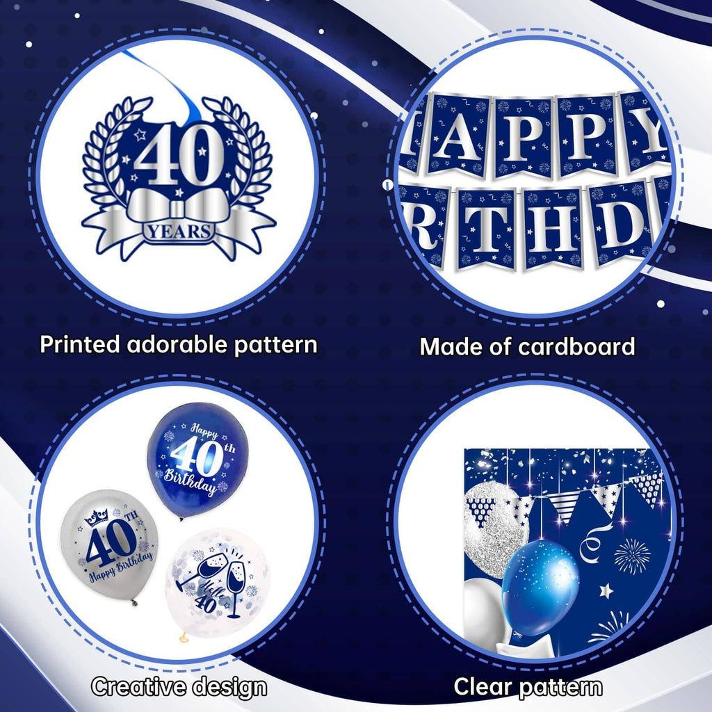 Printed blue and silver 40th birthday cardboard decorations with matching balloons