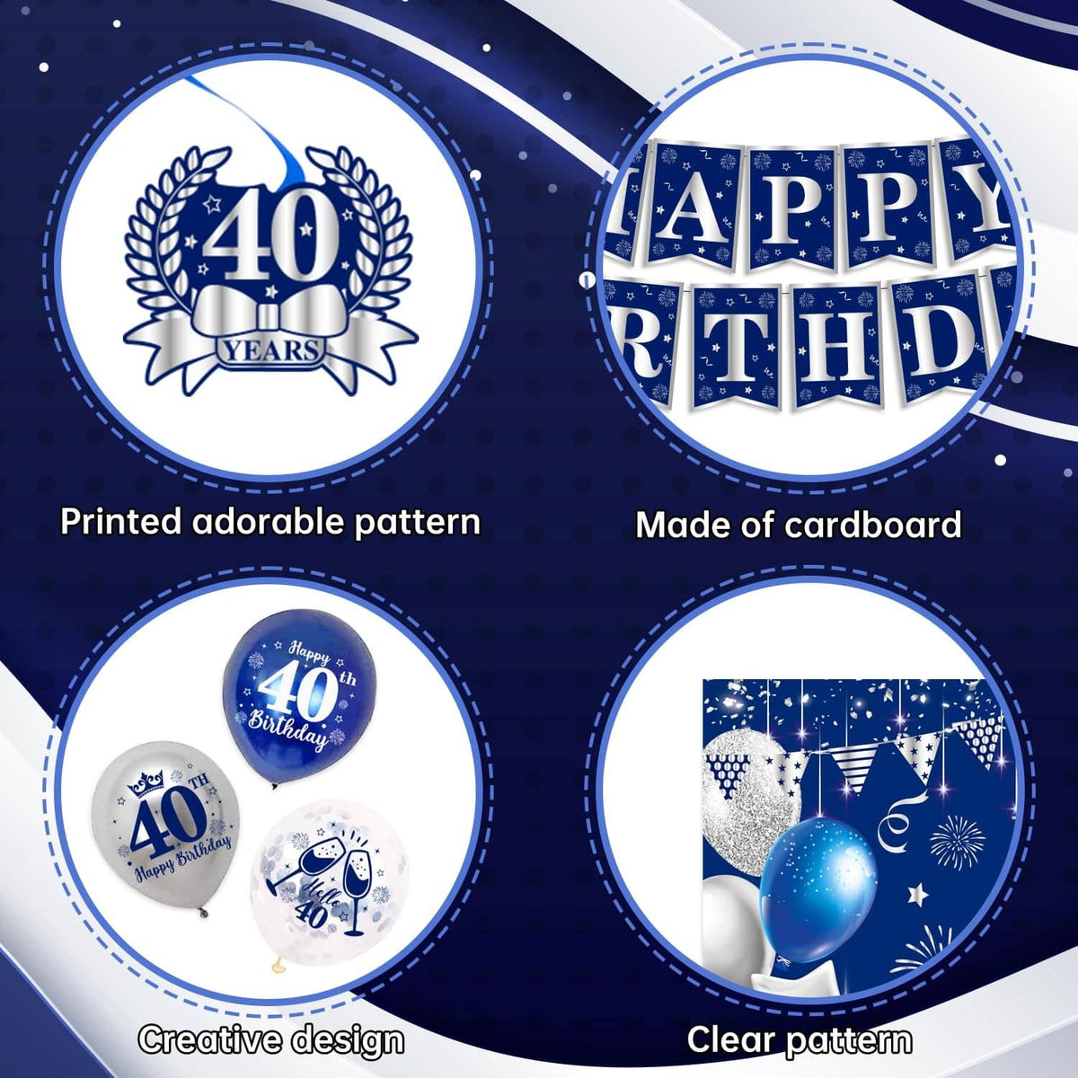 Printed blue and silver 40th birthday cardboard decorations with matching balloons