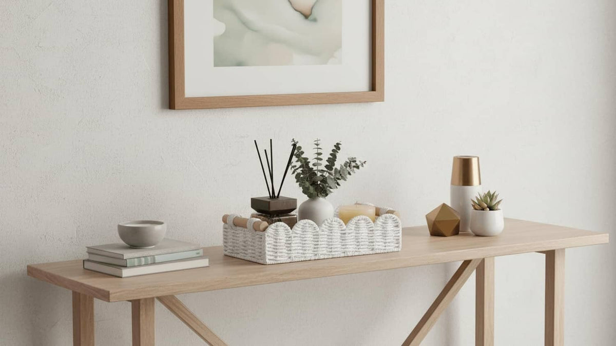 White woven storage basket with rope handles on a vanity shelf with small toiletries