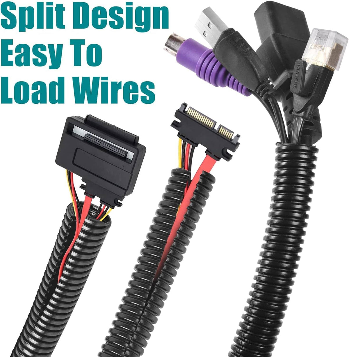 Black split wire loom tubing with open slot for easy loading of wires