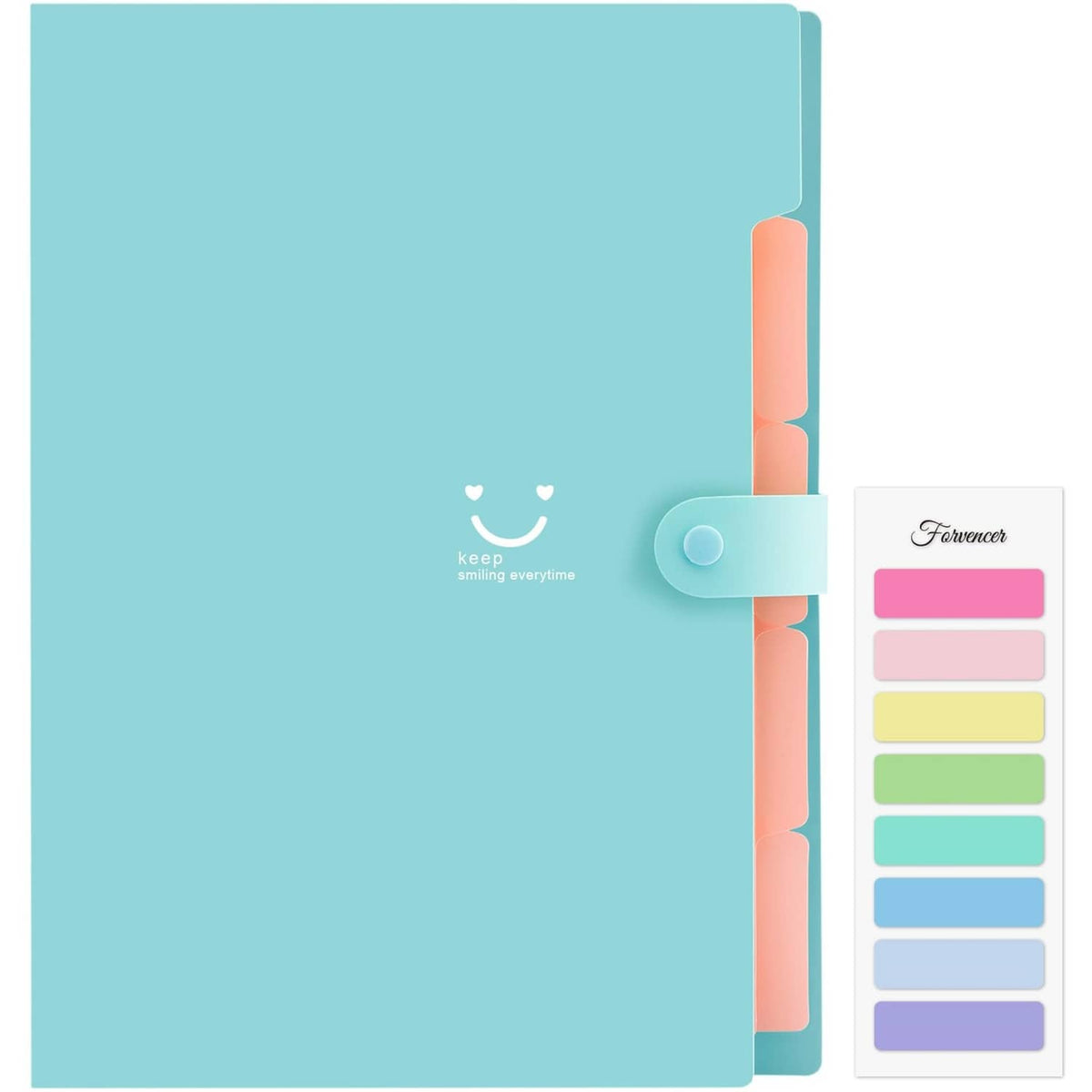 Light blue letter-size accordion file organizer with snap strap and 5 expanding pockets