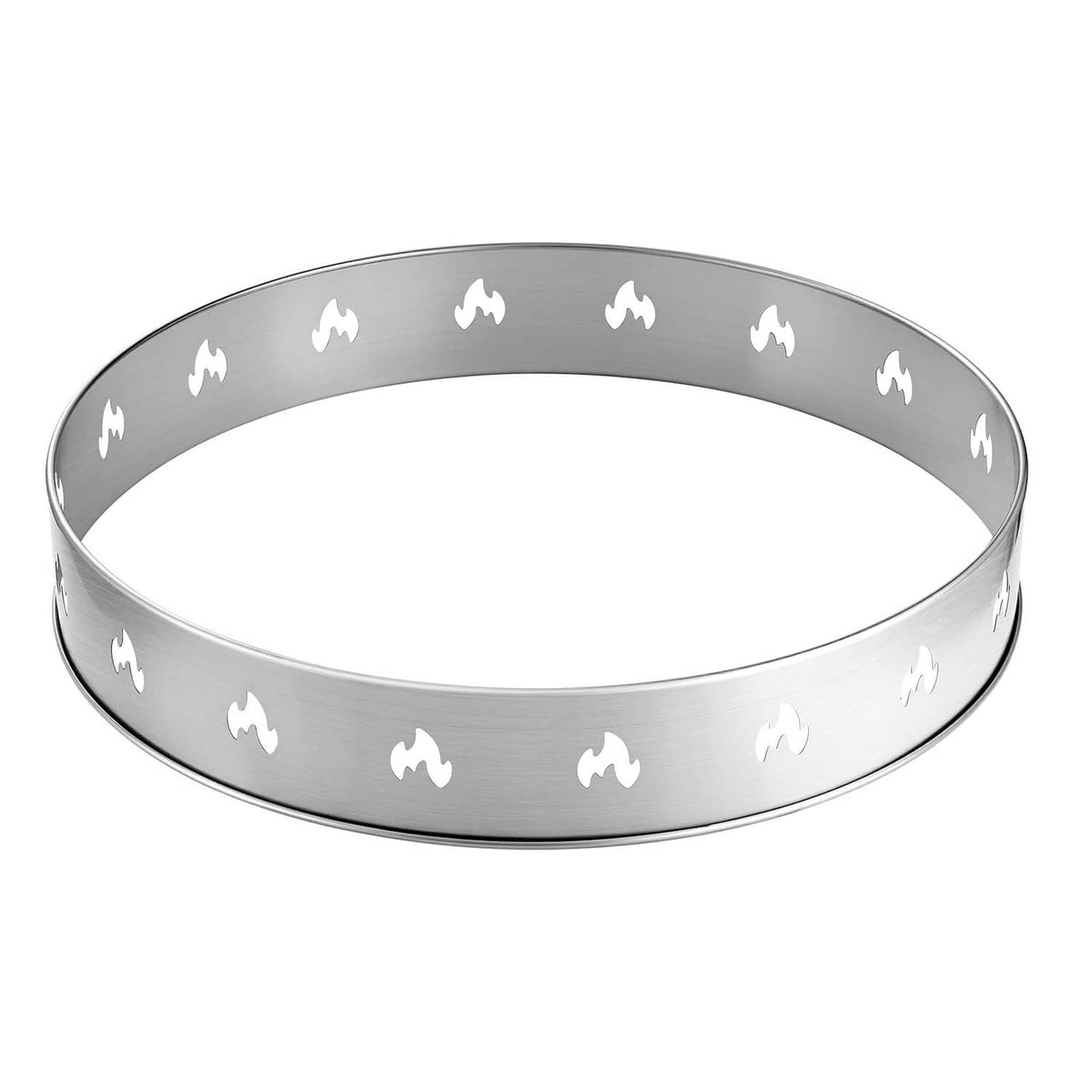 Stainless steel fire pit stand ring with flame cutout pattern, round-top profile