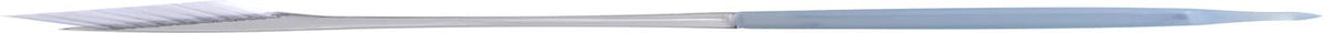 Grout brush with aqua handle and clear bristle head, side view