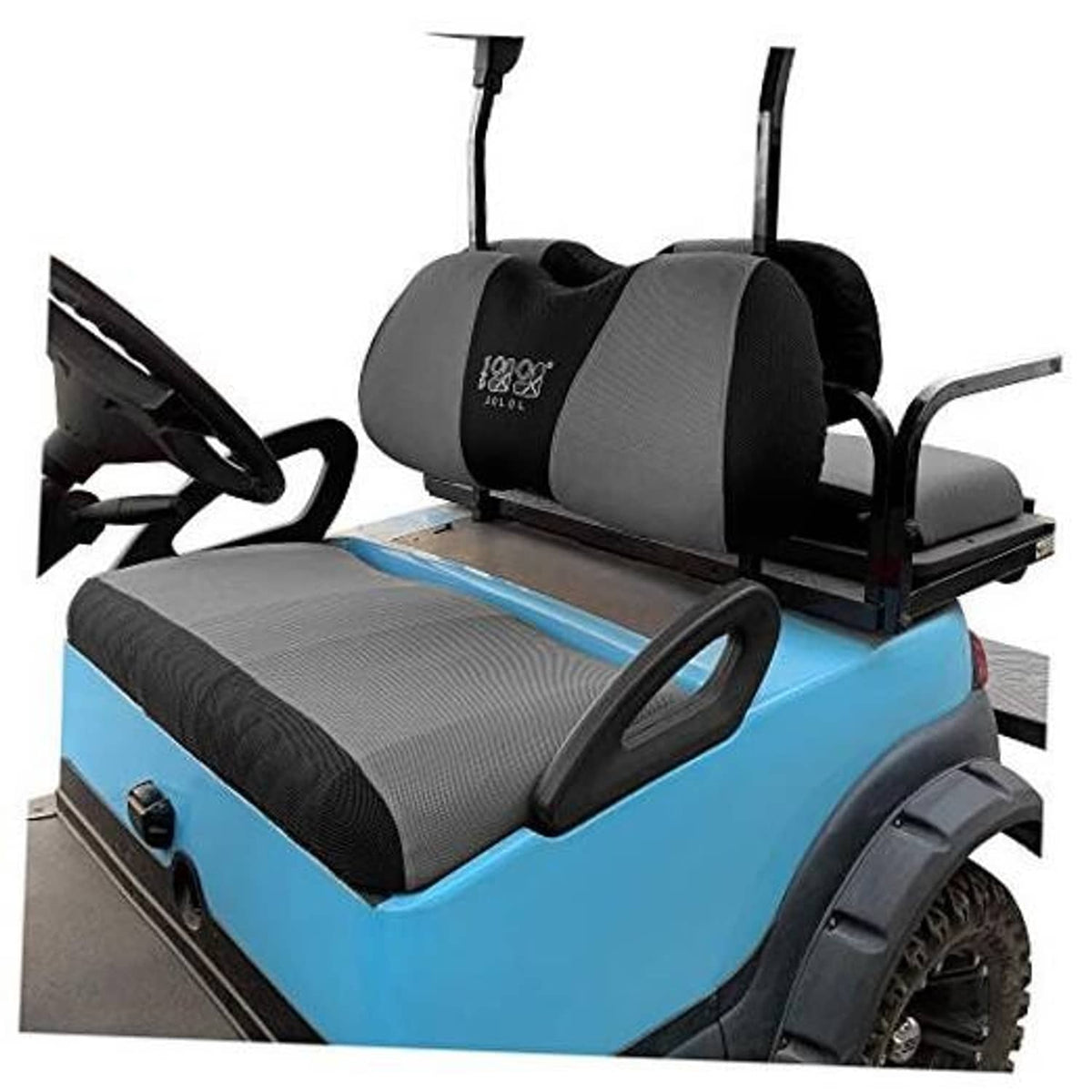 Golf cart seat cover set with grey mesh and black panels, front and rear cushions
