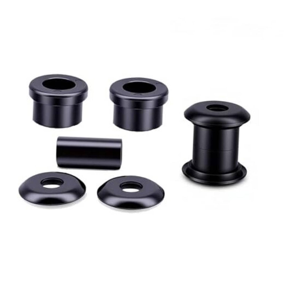 Black polyurethane handlebar riser bushing kit pieces, including tubes and washers