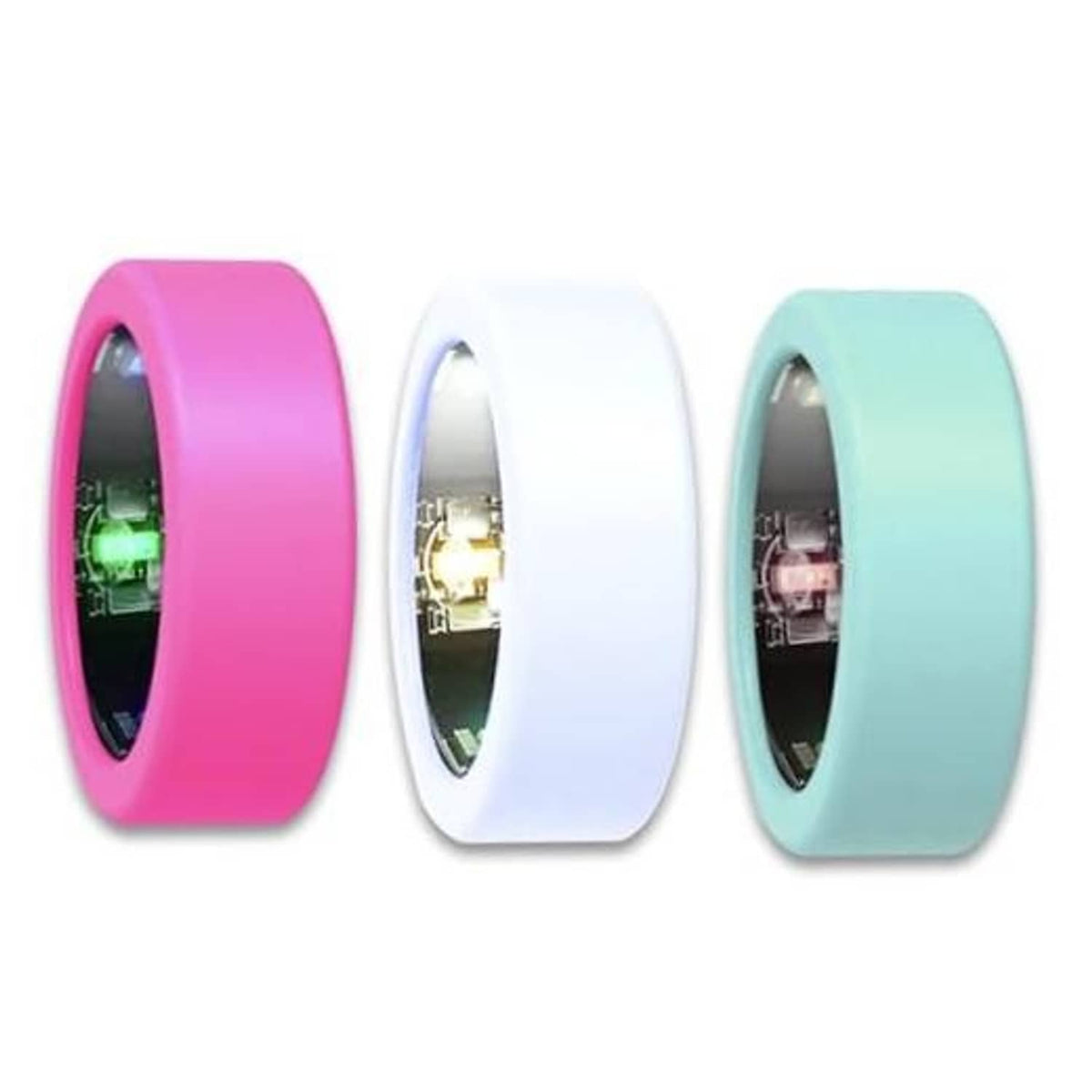 Three smart ring replacement covers: pink, white, and mint teal.