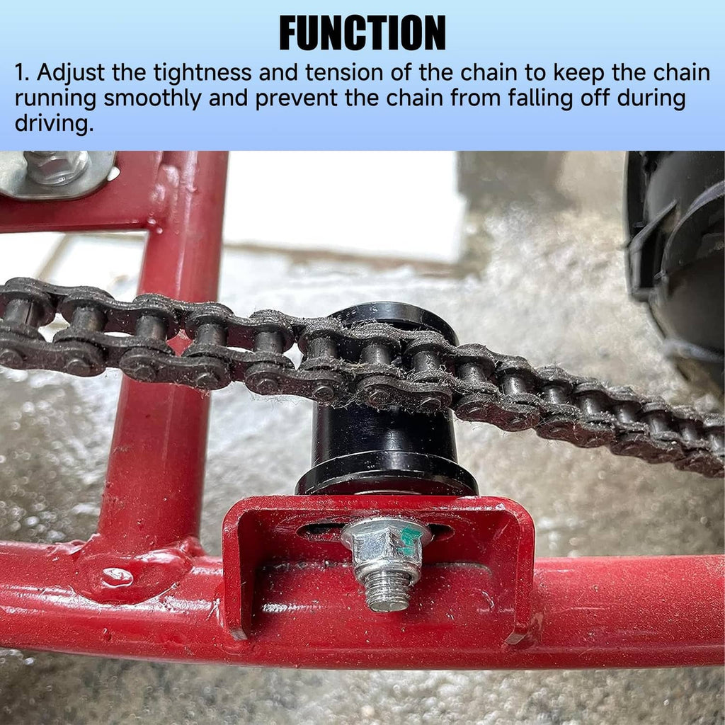 Chain tensioner roller against bike chain, black housing with silver axle bolt