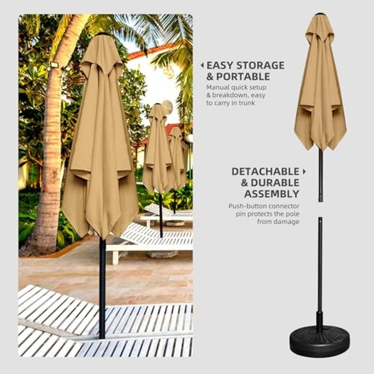 Tan mini square patio umbrella with detachable cover and round base