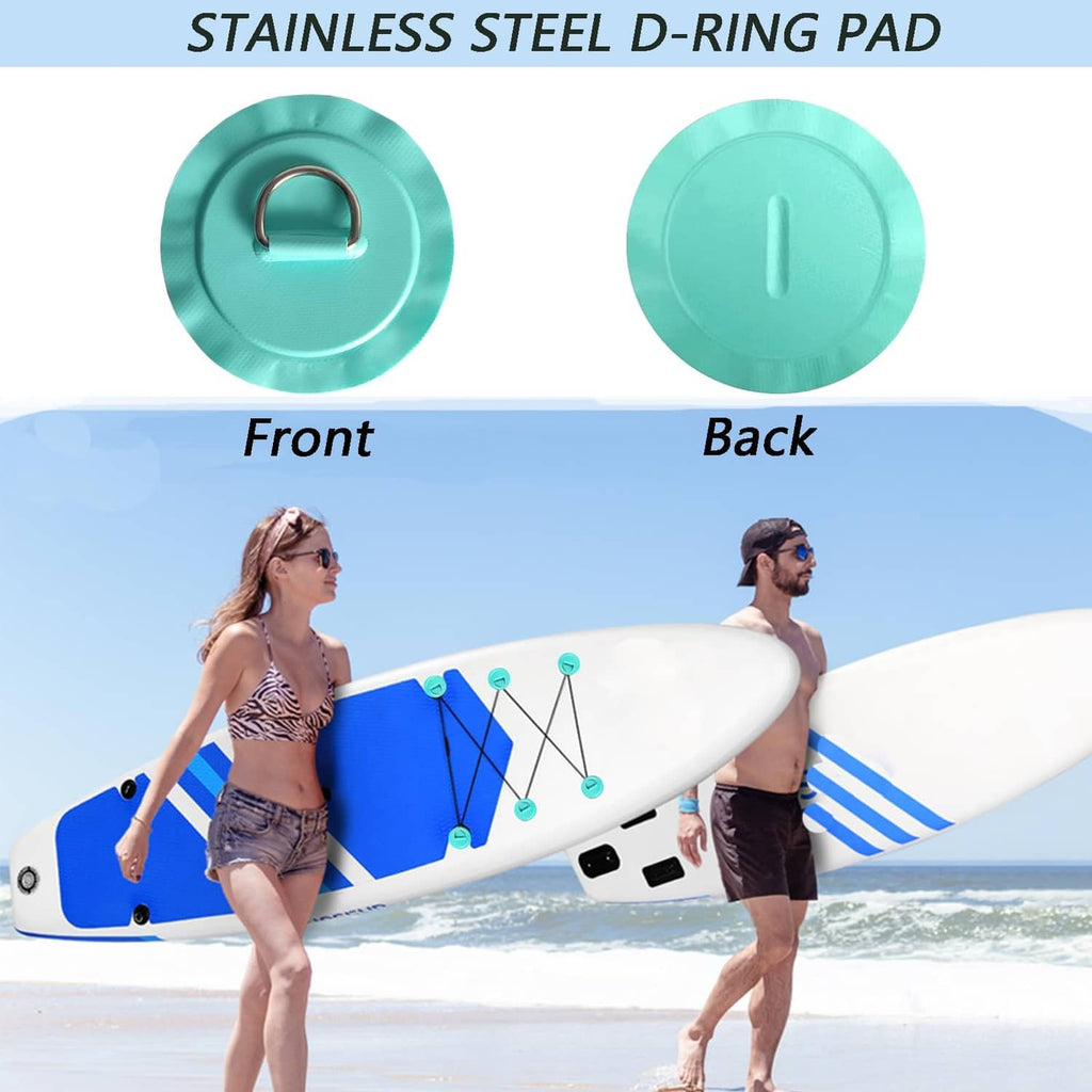 Teal stainless steel D-ring pad, front and back shown