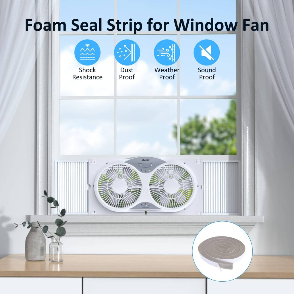 White window fan with foam seal strip for window sealing and twin circular blades