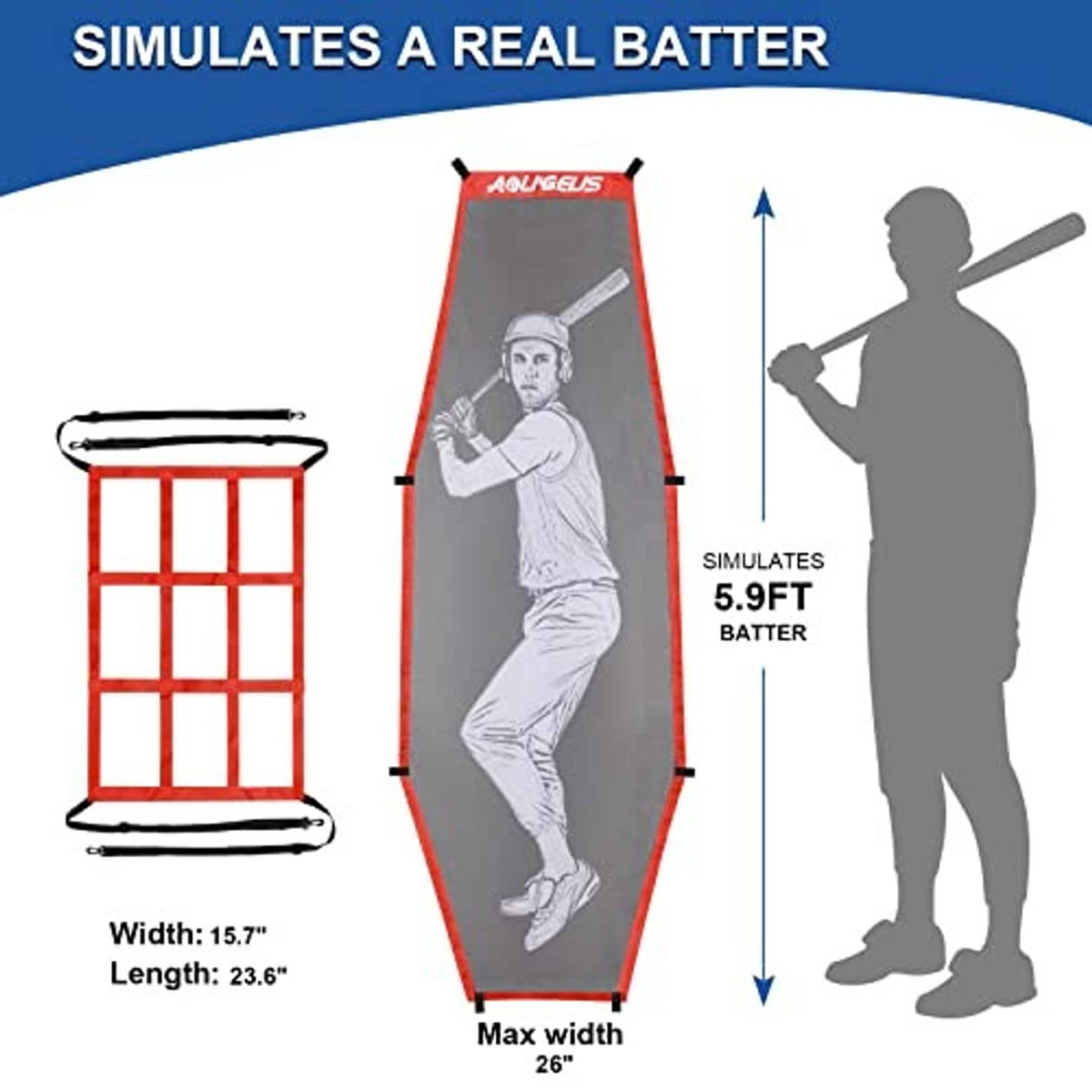 Baseball batter training dummy with red strike zone and batting height silhouette