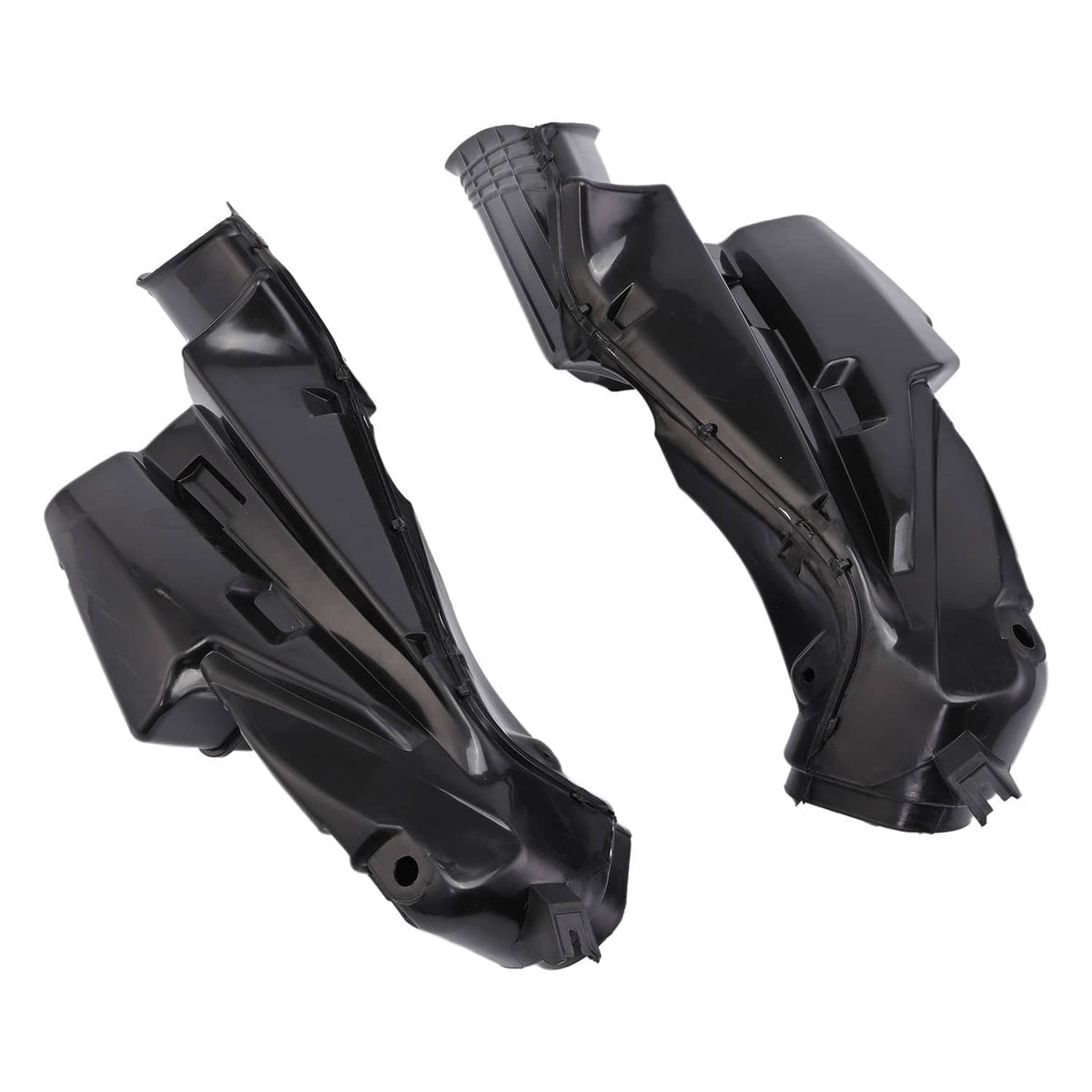 Black motorcycle intake duct pair with molded channels and mounting points