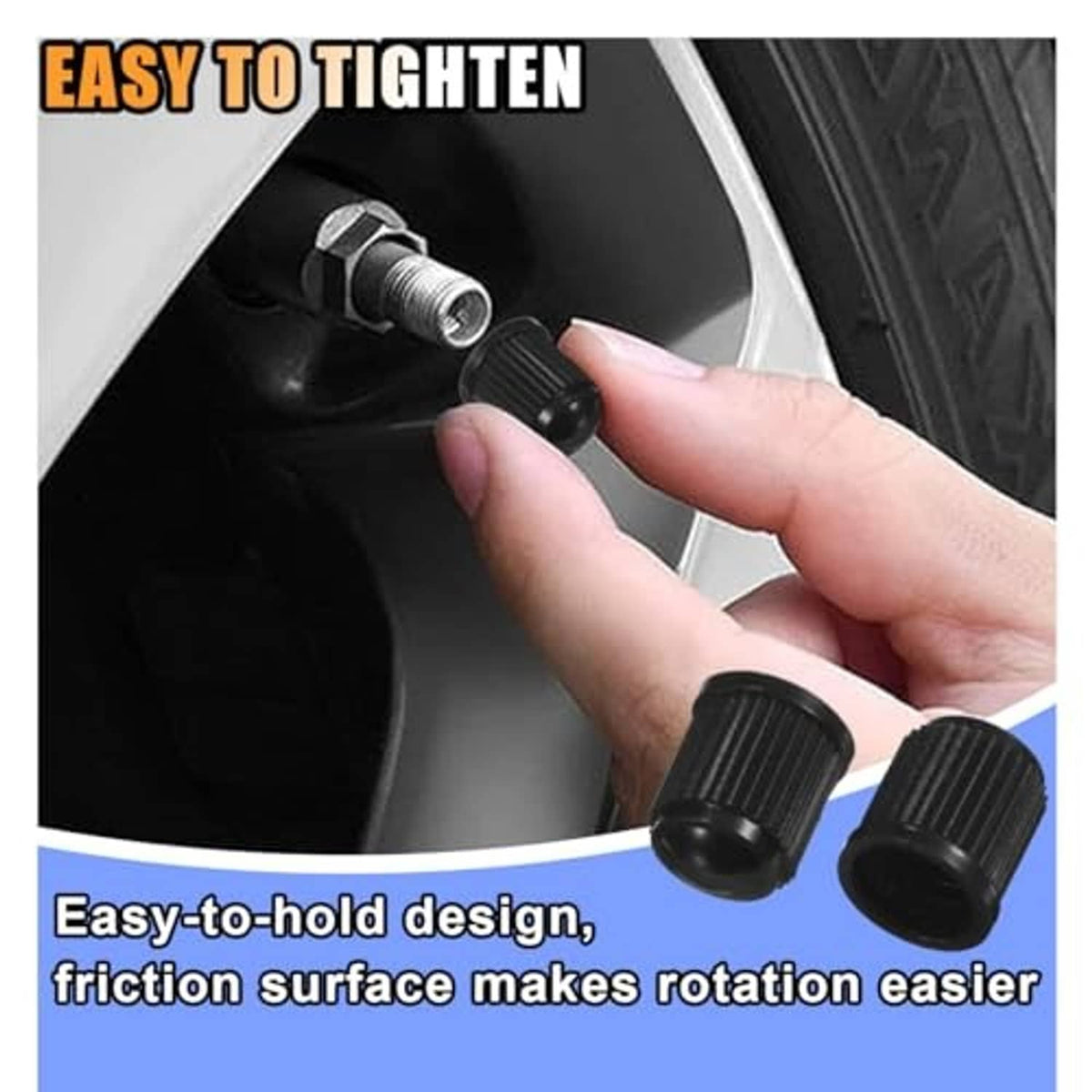 Black tire valve dust cap with ridged grip, being twisted onto a valve stem