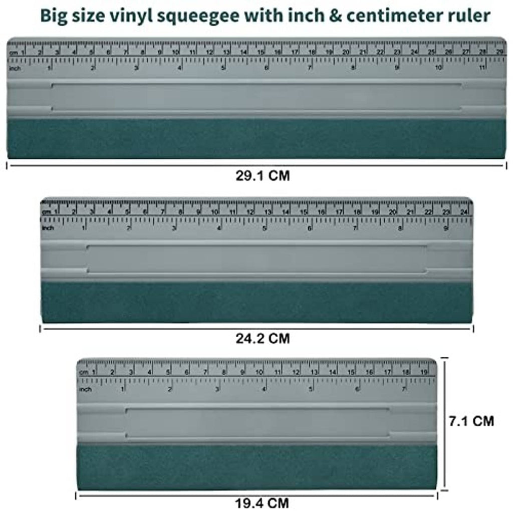 Vinyl squeegee with inch and cm ruler, with length and width measurements shown.