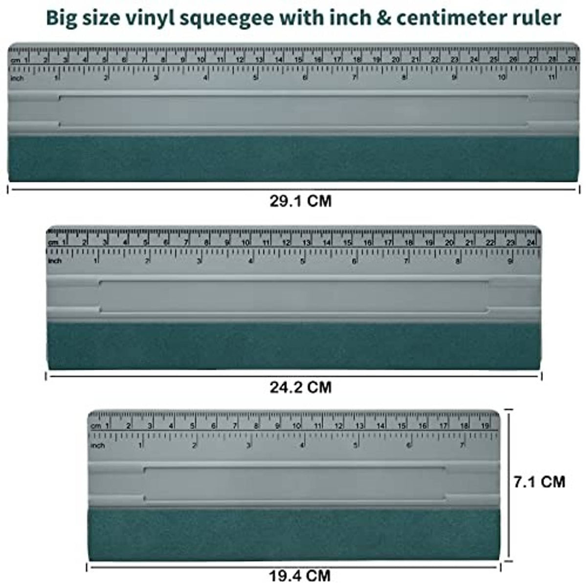 Vinyl squeegee with inch and cm ruler, with length and width measurements shown.