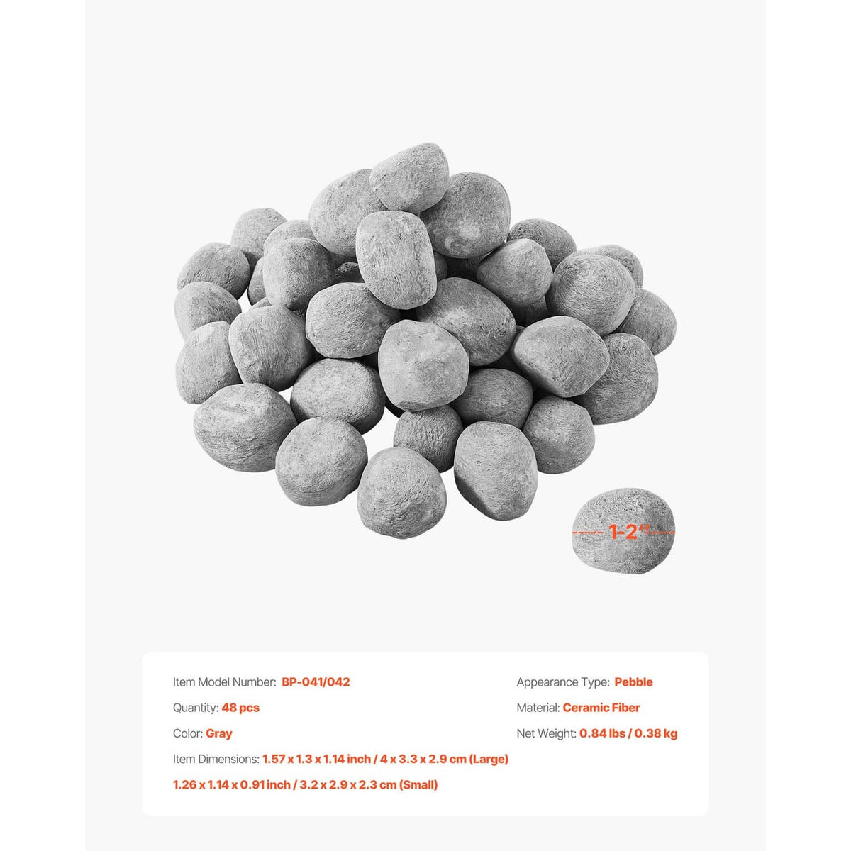 Grey ceramic fire pebble stones, 1-2 inch size, shown as a piled set.