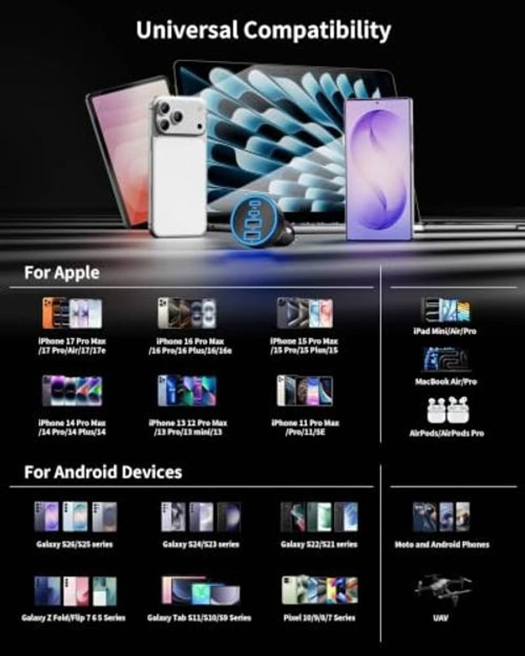 Black multi-USB car charger showing universal compatibility for Apple and Android devices