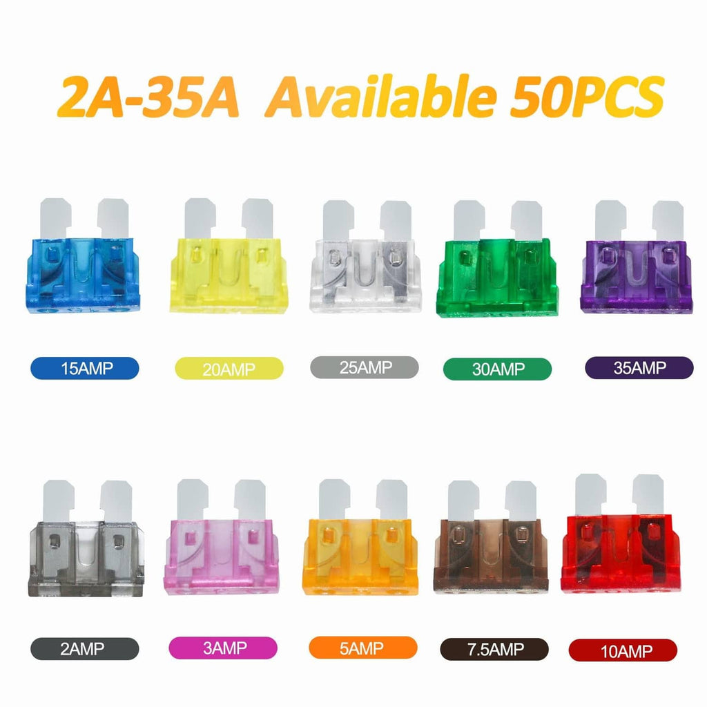 Assorted blue, yellow, gray, green, purple, and red blade fuses arranged for comparison