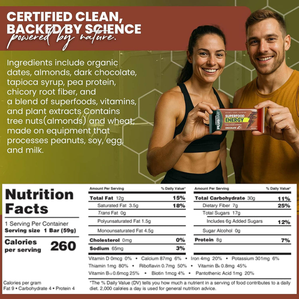 Person holding a Plusbar Superfood Energy Chocolate wrapper in front of nutrition panel.