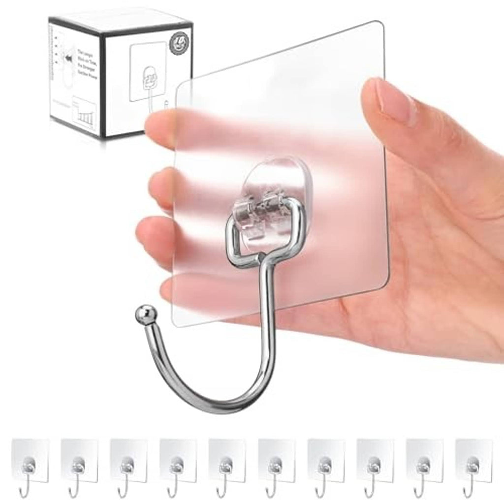 Large clear adhesive hook with chrome U-shaped banana hook, with boxed pack below