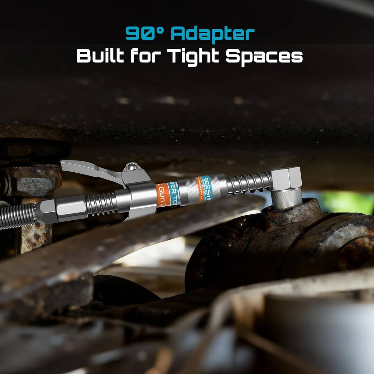 90° silver grease gun adapter fitting for tight spaces with coupler connection