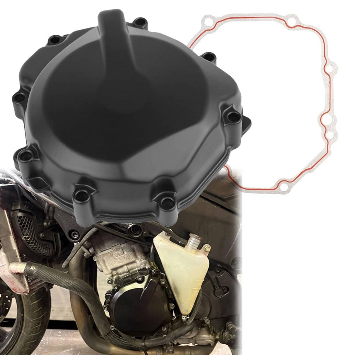 Left engine stator cover crankcase with gasket, black finish and mounting bolts