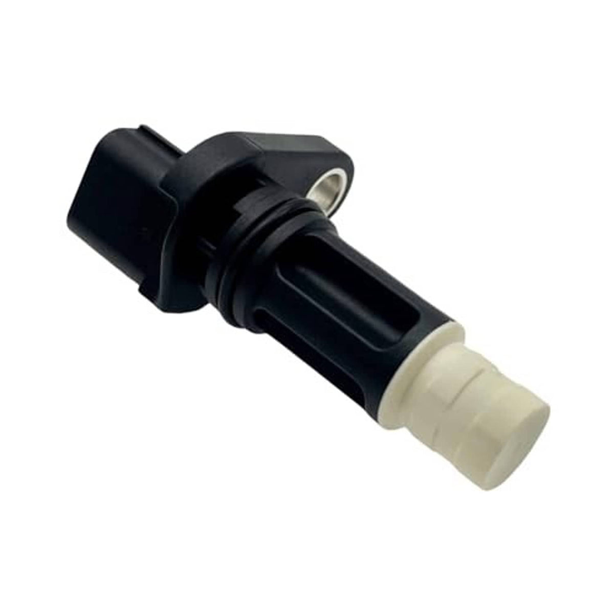 Crankshaft position sensor with black cap, ribbed body, white connector tip, metal mounting ring