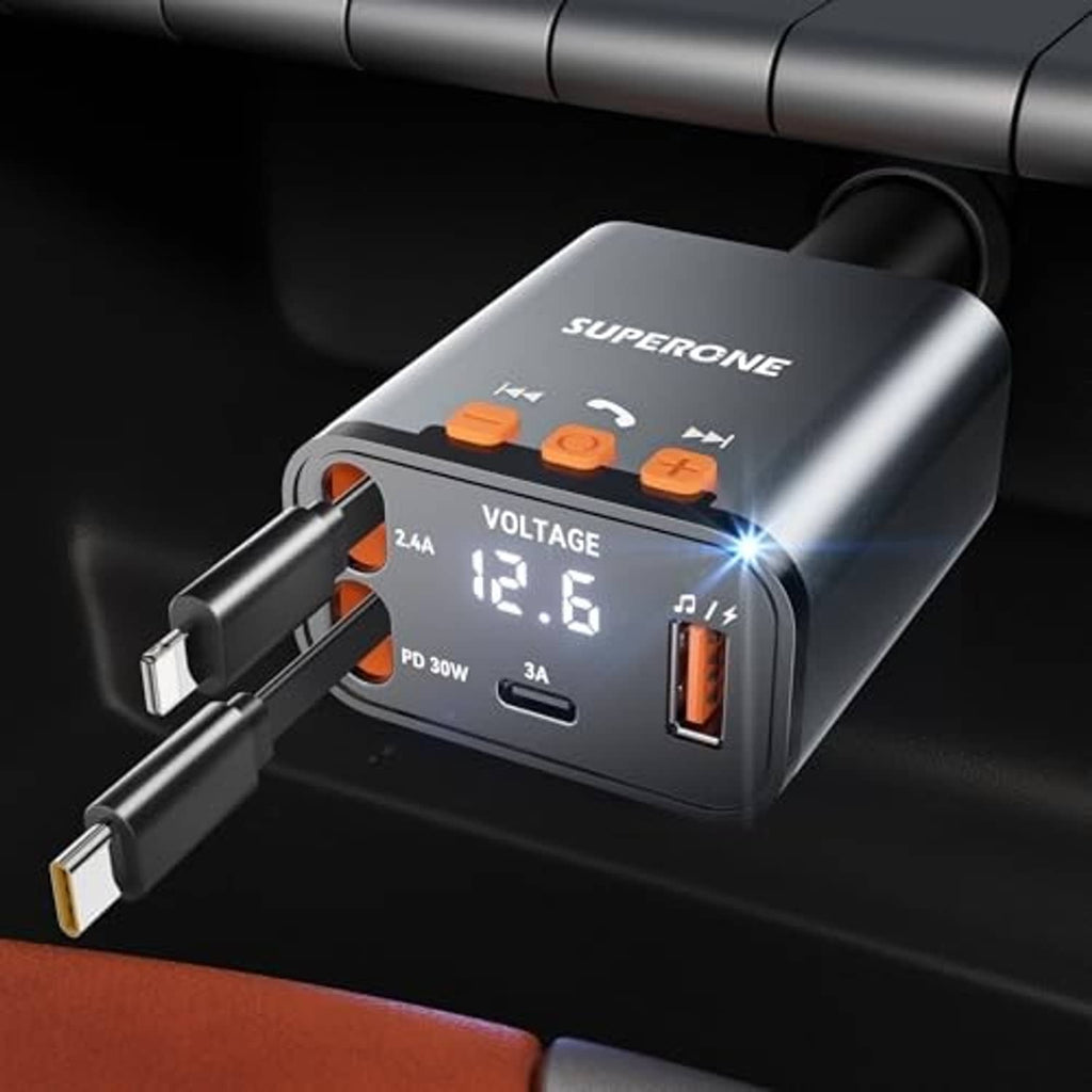 Matte black retractable car charger with illuminated voltage screen and USB ports