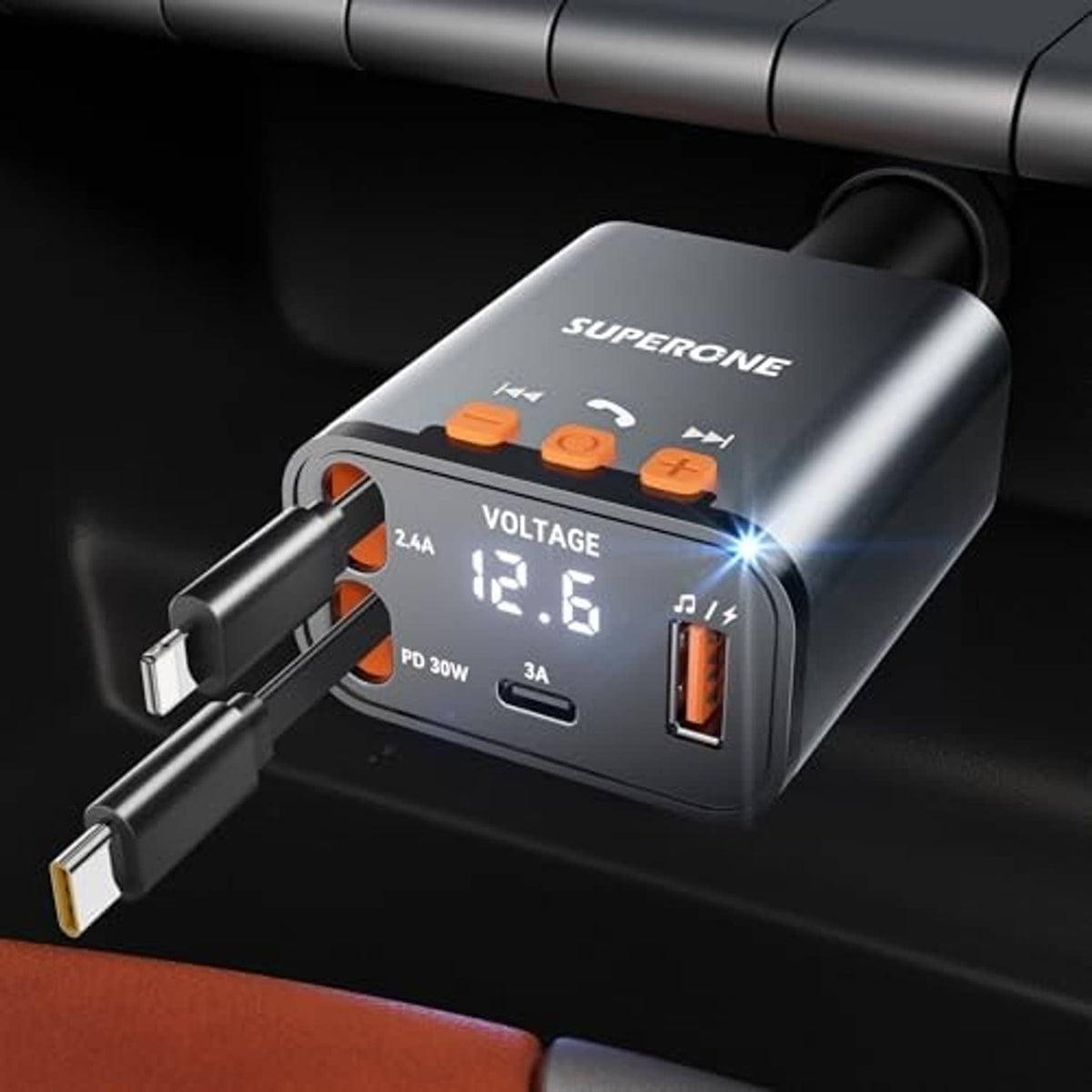 Matte black retractable car charger with illuminated voltage screen and USB ports
