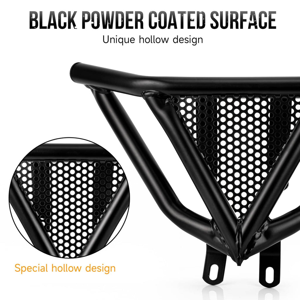 Black front bumper guard with perforated mesh and smooth powder-coated finish