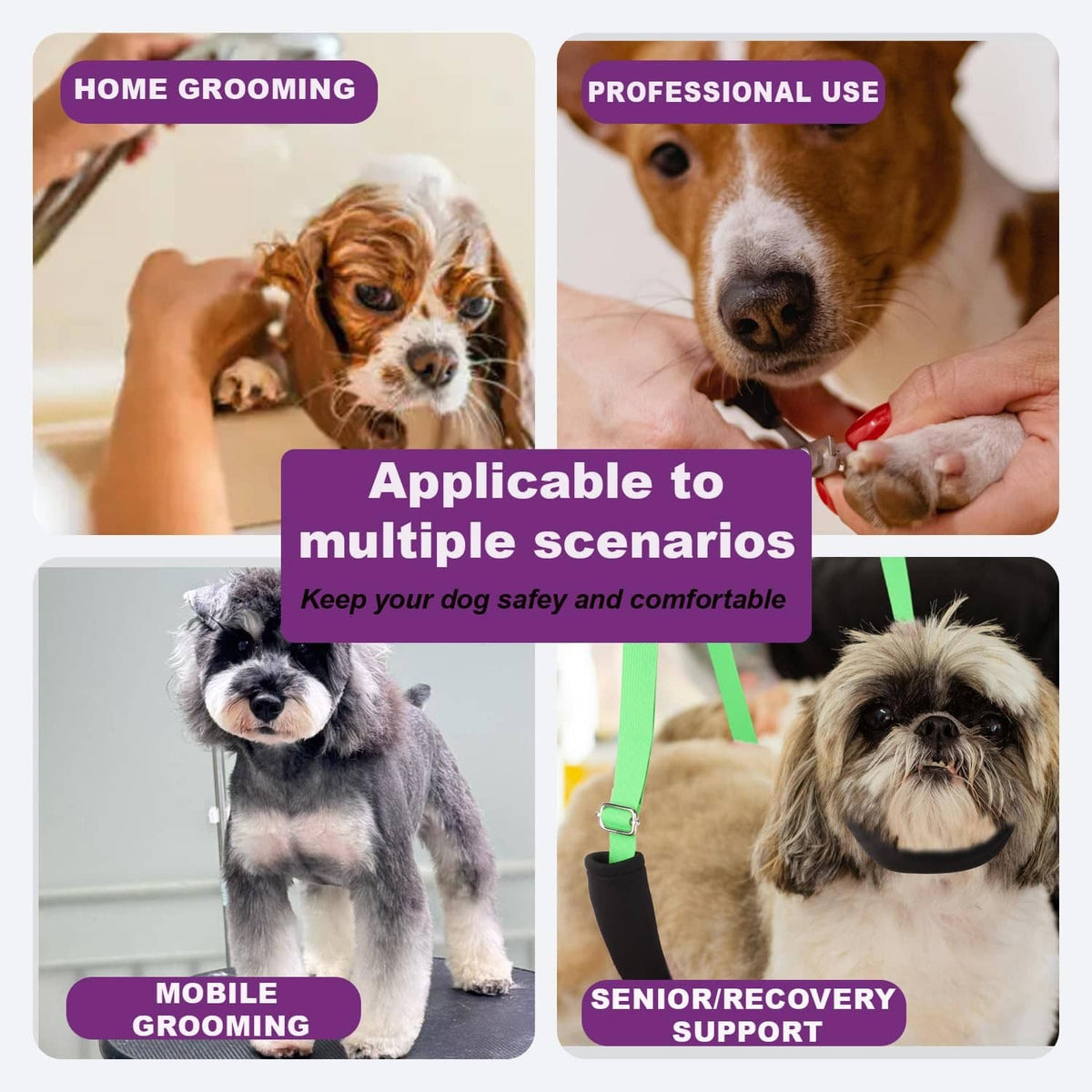 Dog grooming belly strap for home and professional grooming, adjustable snap hooks
