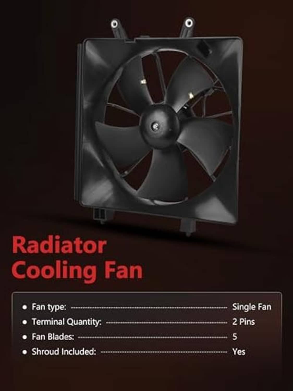 Radiator cooling fan assembly with square black shroud and 5-blade fan