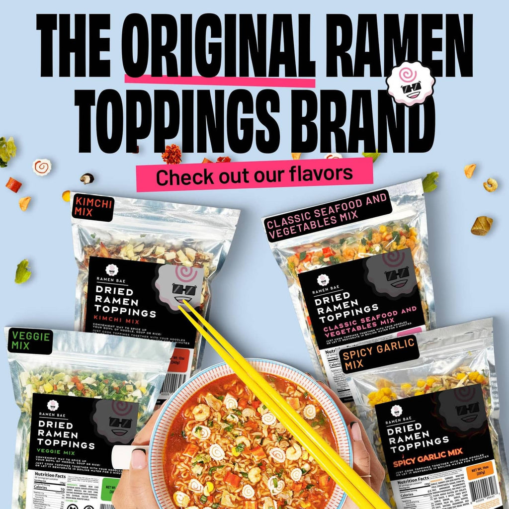 Two dried ramen toppings mix pouches with a bowl of prepared ramen