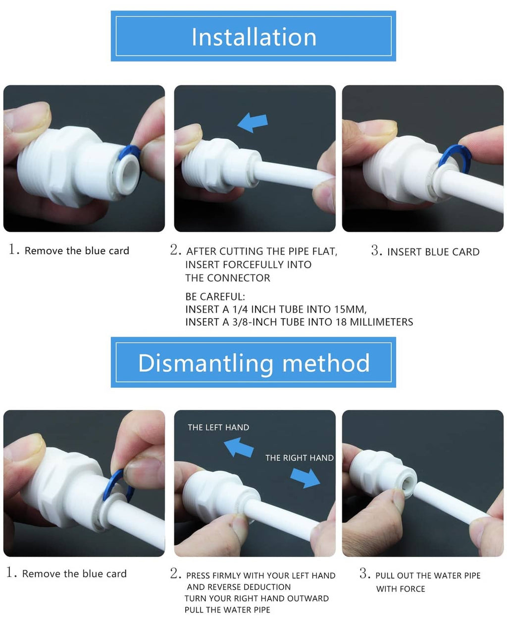 White connector with blue card and tube end shown during installation steps