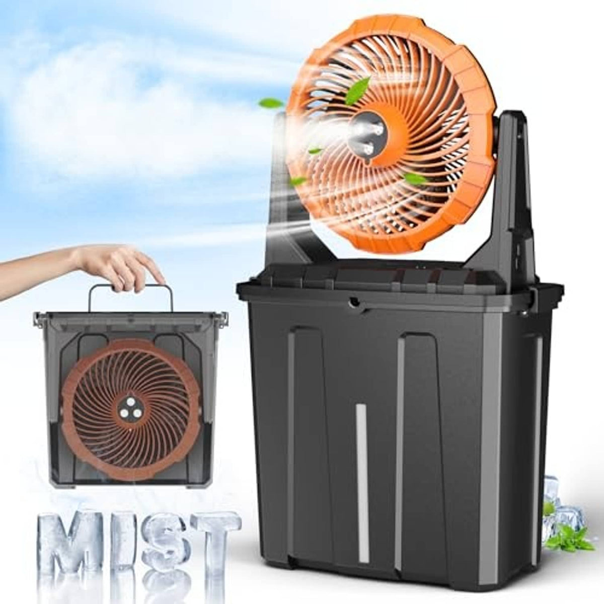 Portable orange misting fan on black bucket base, front fan grille and handle.