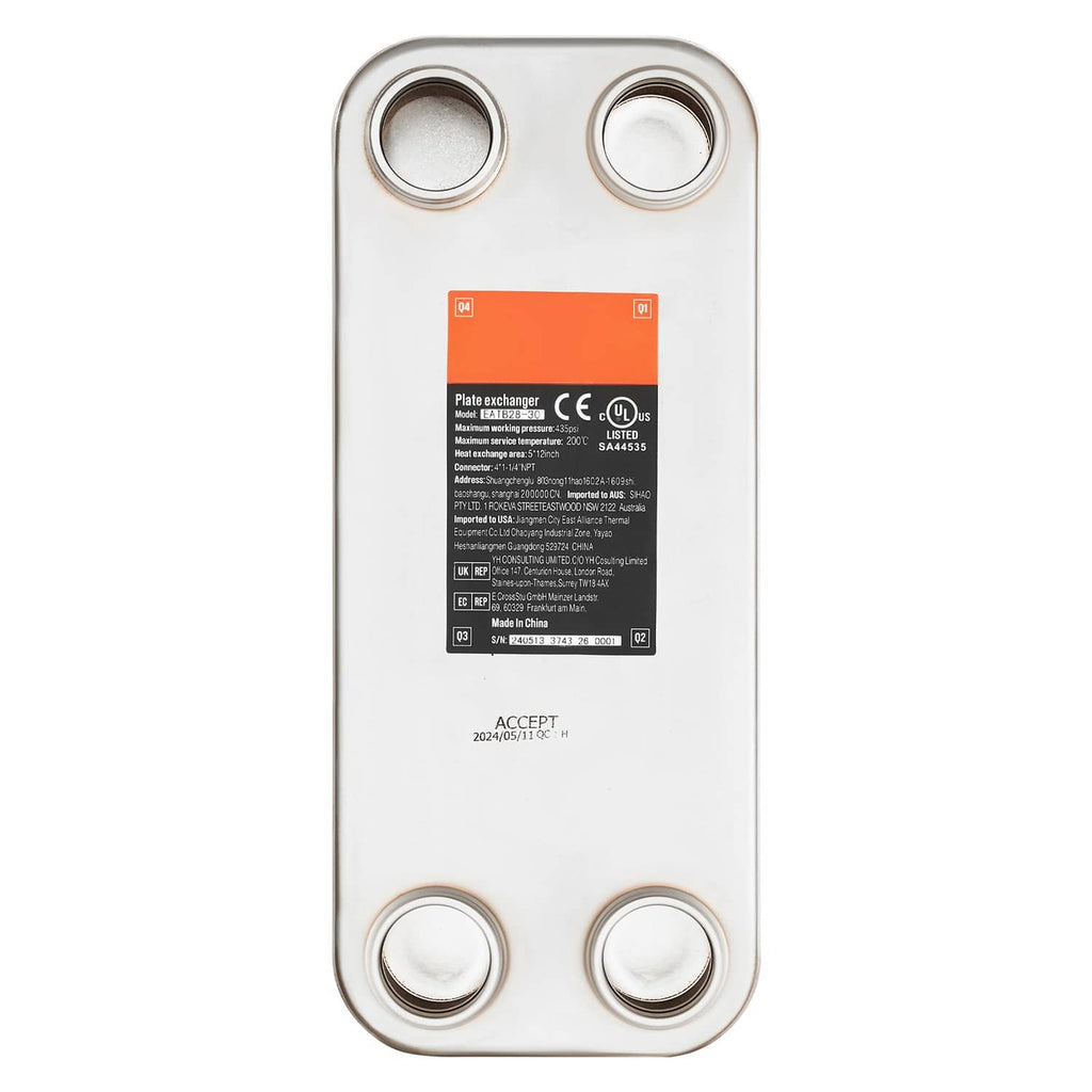 Brazed 316L stainless plate heat exchanger with two top ports and data label