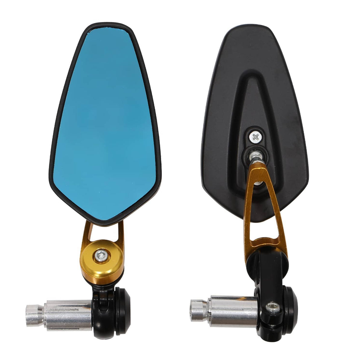 Pair of motorcycle bar-end side mirrors with blue lenses, black housings, and gold stem mounts