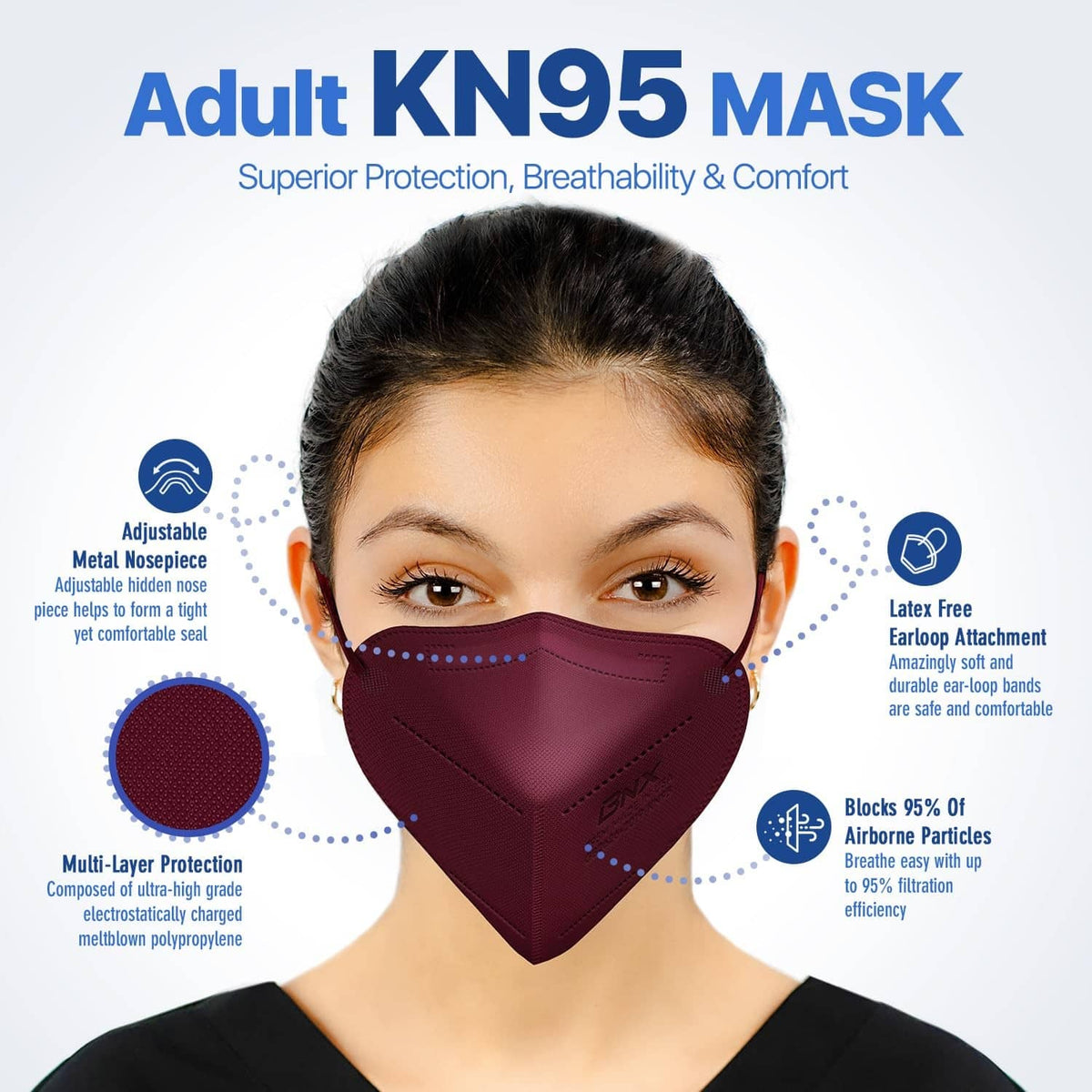 Maroon KN95 respirator face mask for medium adult, straight-on front view