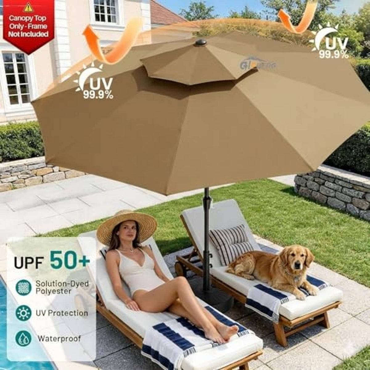 Khaki patio umbrella replacement canopy, double-layer design in use