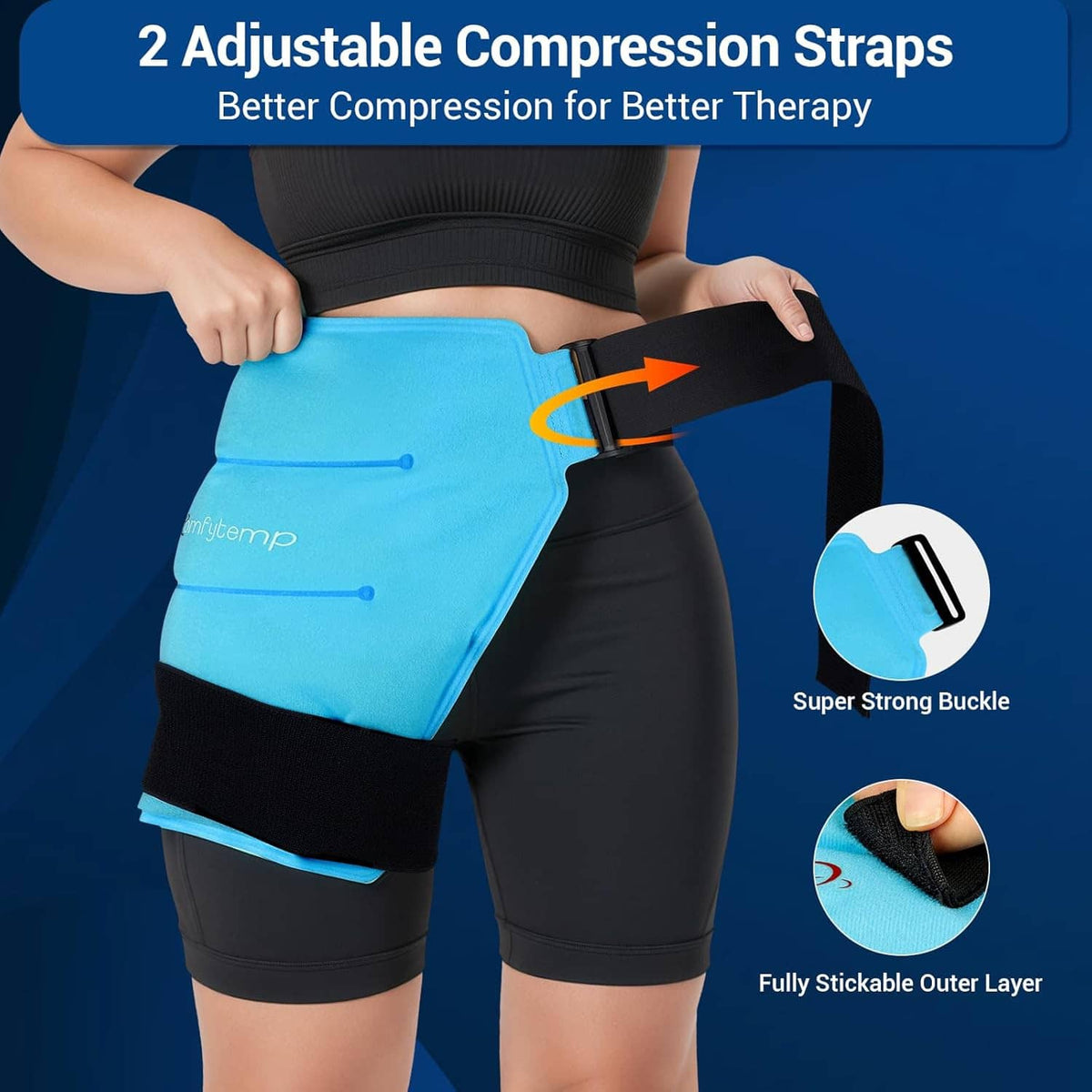 Light blue hip wrap with adjustable black compression straps and buckle detail