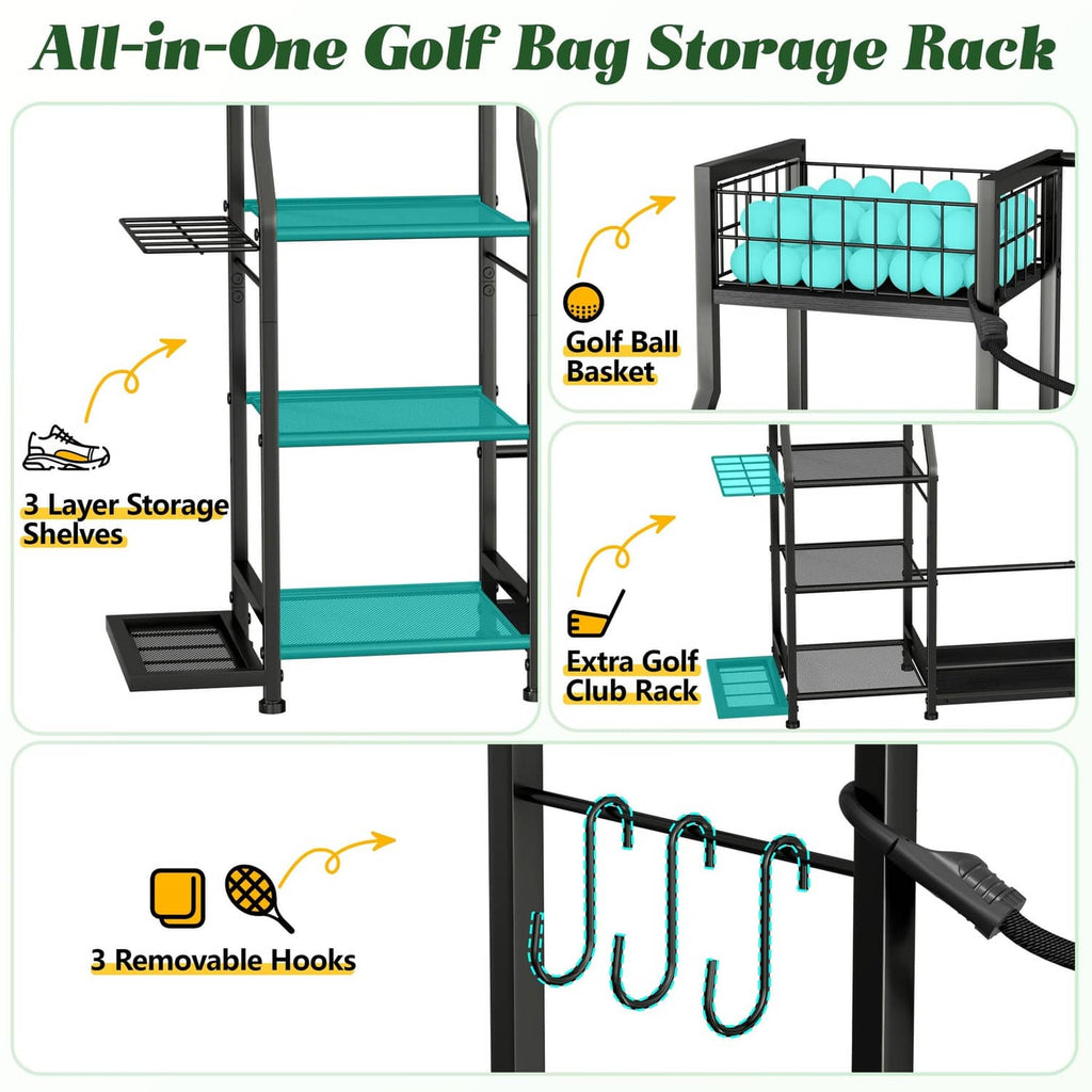 Black golf bag storage rack with teal shelves, golf ball basket, and club hooks