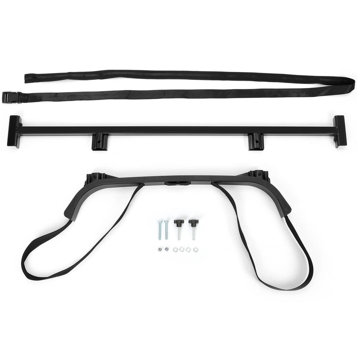 Golf cart golf bag holder bracket with two black straps and mounting hardware