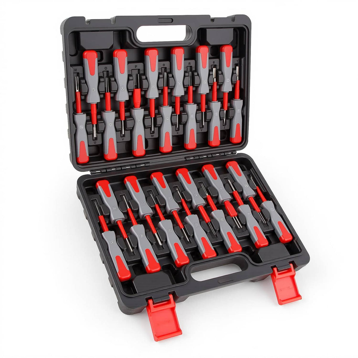 Universal terminal removal tool kit in black case with red and gray tools