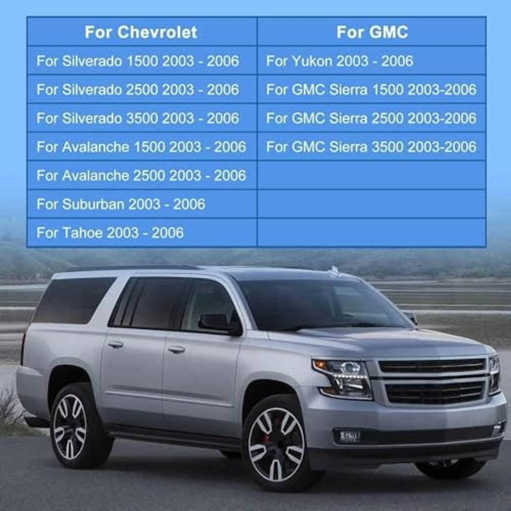 Seat cover compatibility chart for Chevrolet and GMC models (2003–2006)