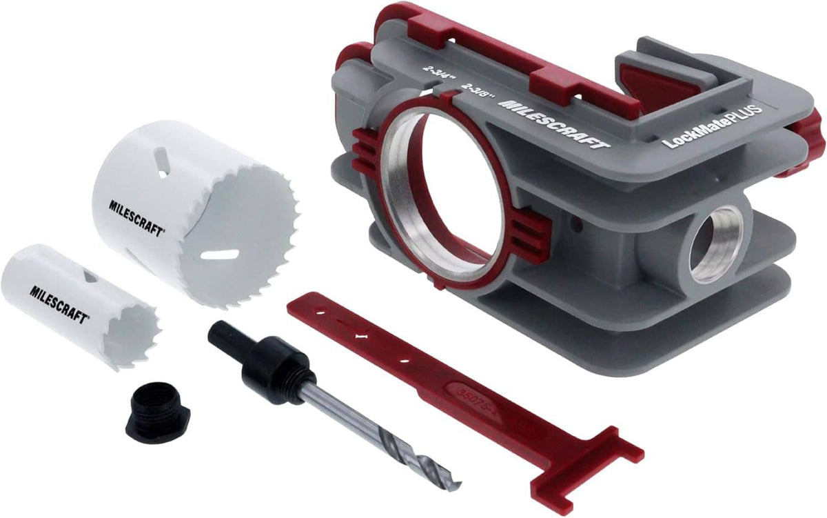Self-clamping door lock installation kit with gray/red clamp, hole saw blades, drill bit, parts
