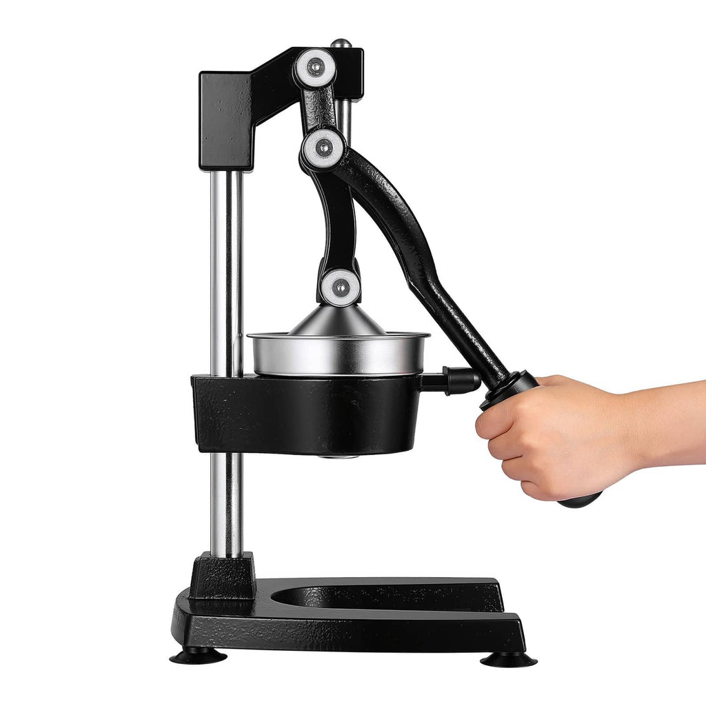 Manual citrus juicer with black lever press and stainless metal reamer cup