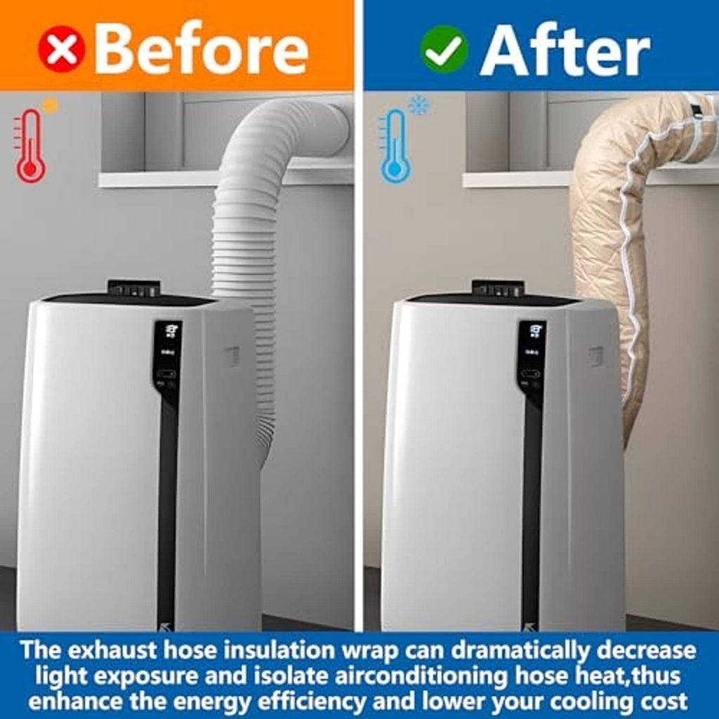 Beige quilted exhaust hose insulation wrap fitted around air conditioner hose